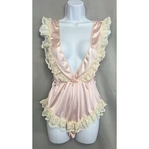 Vtg‎ Lady Cameo Nylon M Lace Teddy Lingerie Bodysuit Pink High Cut Coquette Y2K